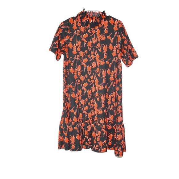 Zara Black and Red Short Sleeve High Neck Floral Ruffle Dress, Medium - Picture 2 of 5